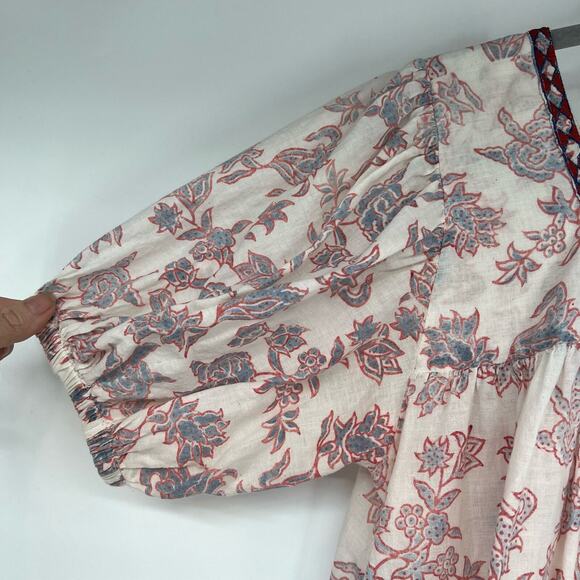 Umber & Ochre Handwoven Cotton Peasant Top Floral Sz XS/S Cream Embroidered Neck - Picture 5 of 8